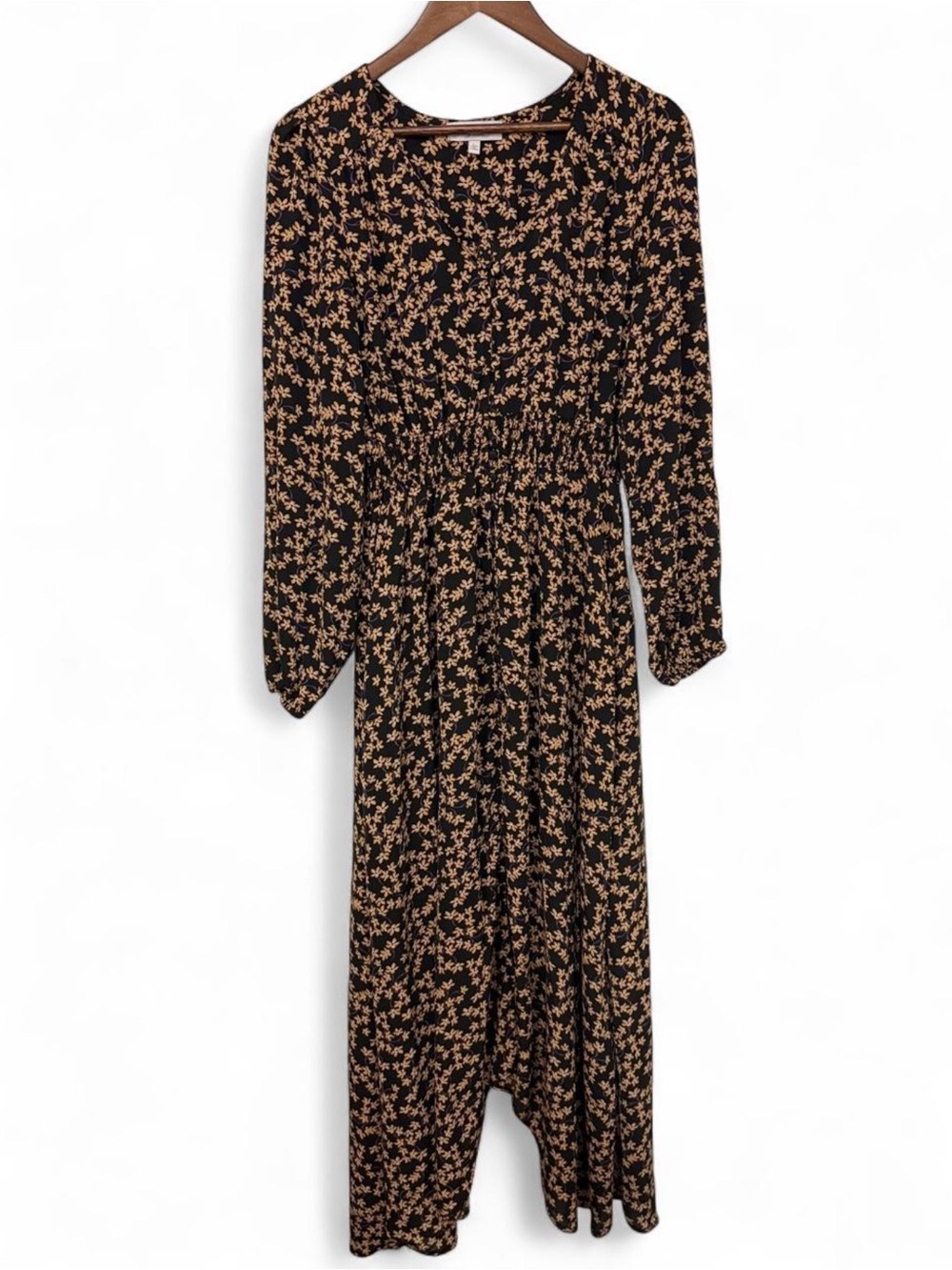Hayden Los Angeles Black Floral Smocked Waist Long Sleeve Midi Dress Large